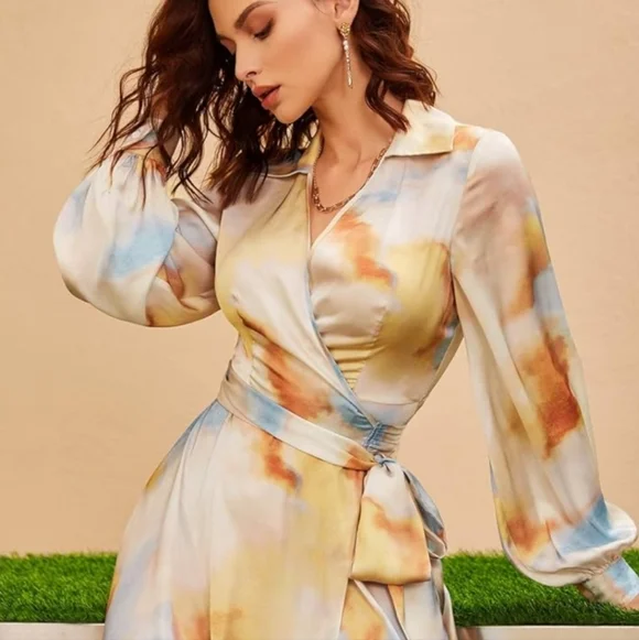 Shein | Silky Tie-Dye Wrap Dress - Picture 2 of 5